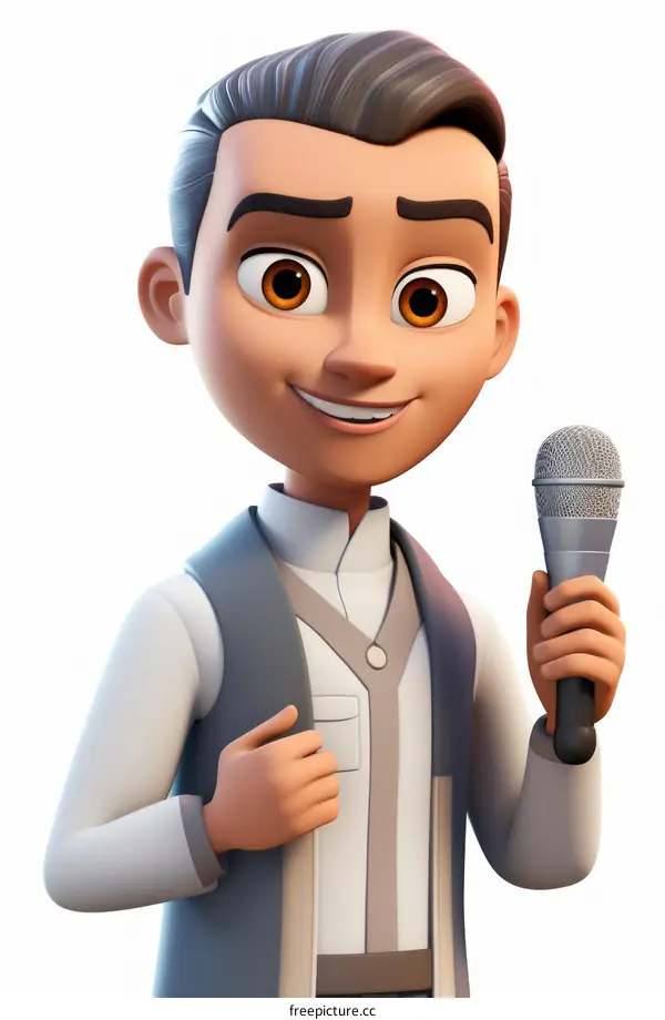 3D Rendered Boy in Gray Suit Holding Microphone