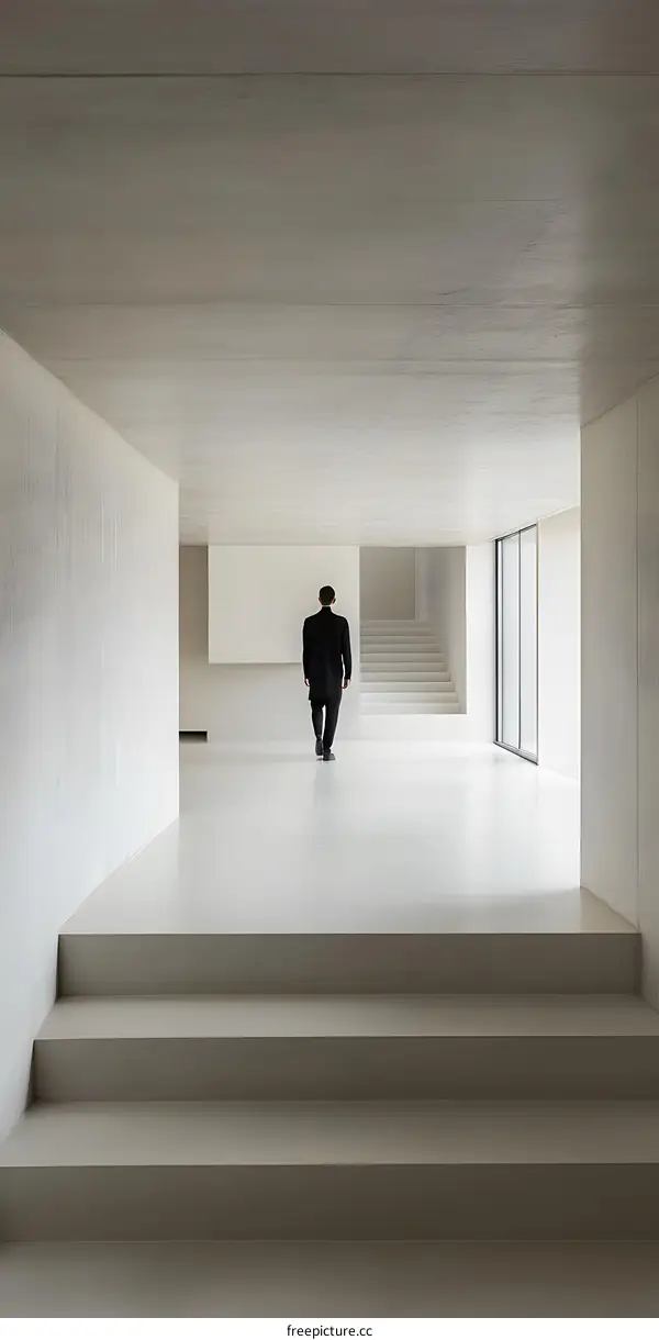 Minimalist White Interior with Man Walking Down Stairs