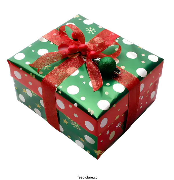 [Transparent Background PNG]Christmas Gift Box Wrapped in Green and Red Paper