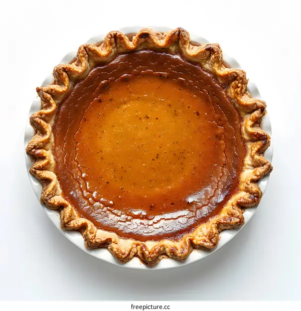 A delicious pumpkin pie sits on a white surface