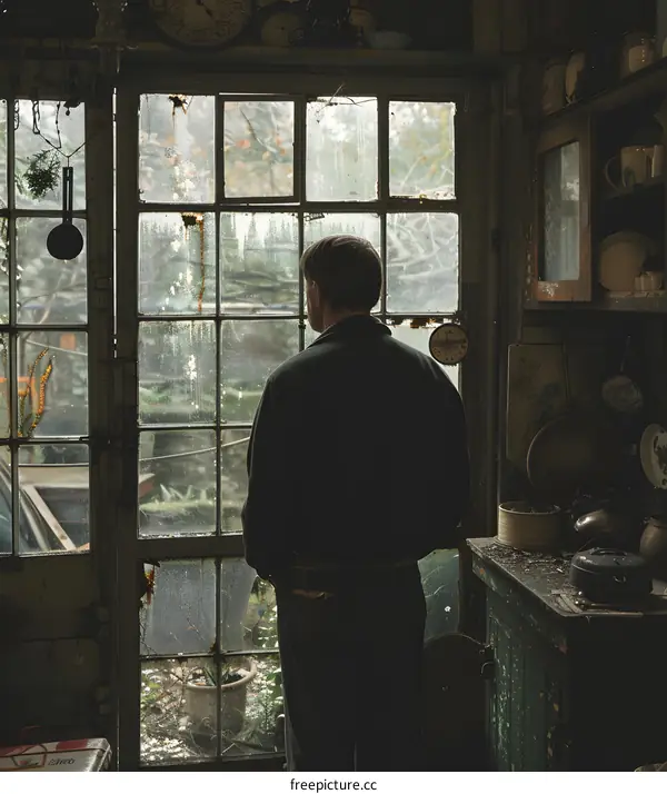 A Solitary Man Stands in a Greenhouse