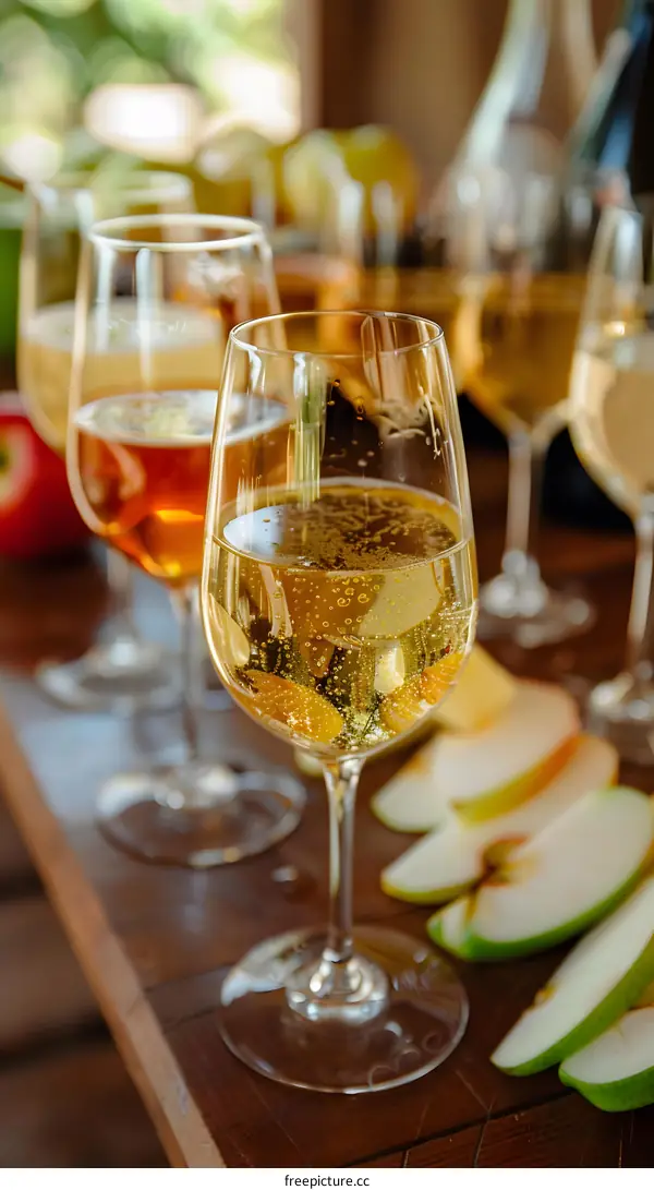 Sparkling Wine Glasses with Apple Slices on Wooden Table