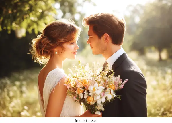 Bride and Groom Standing in Sunlit Outdoor Field Holding Bouquet
