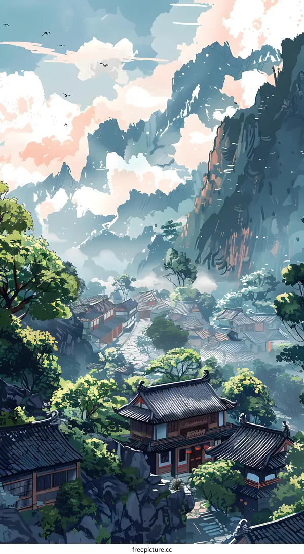An illustration of an ancient Chinese village in the mountains