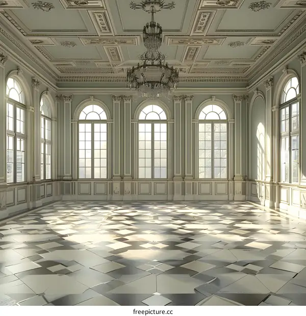 Classic Interior Design With Chandelier And Large Windows