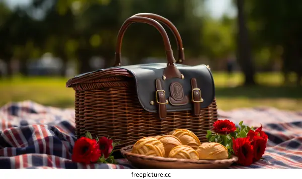 Picnic in the park with a basket full of pastries
