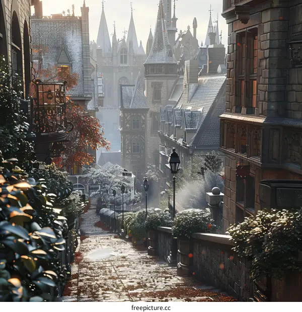 Snowy European Town Street Scene Illustration