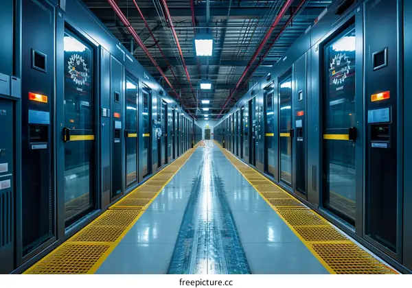 Modern data center with rows of server racks