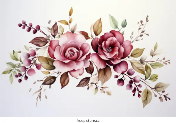 Pink and maroon roses with green leaves and purple berries