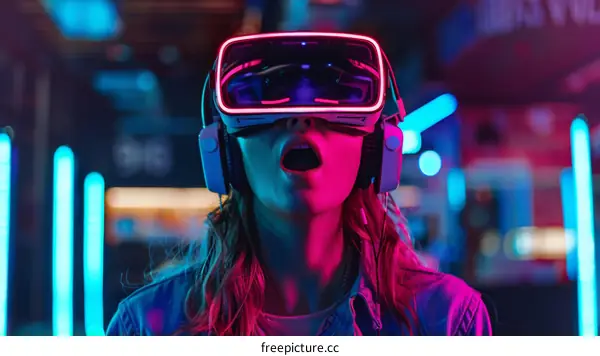 Amazed Caucasian woman wearing virtual reality headset