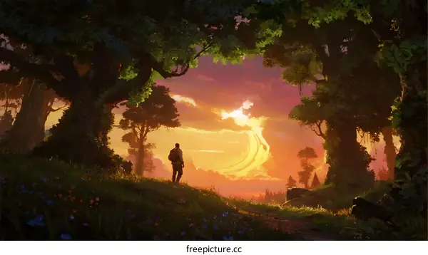 Mysterious Sunset in Enchanted Forest with Lone Figure Standing