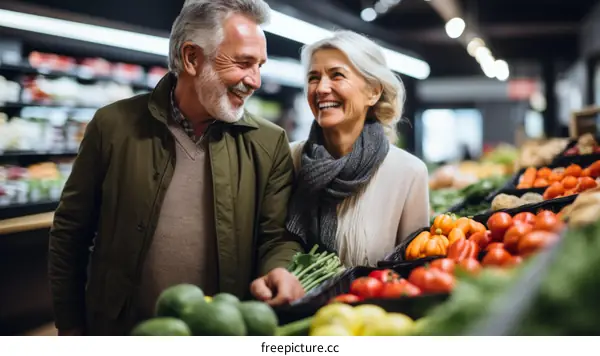 Happy senior couple shopping for fresh vegetables in a grocery store