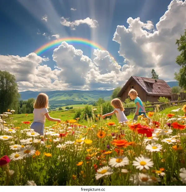 Three children are running in a field of flowers on a sunny day with a rainbow in the background