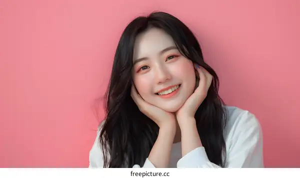 Smiling Asian Woman with Long Black Hair Posing Against Pink Background