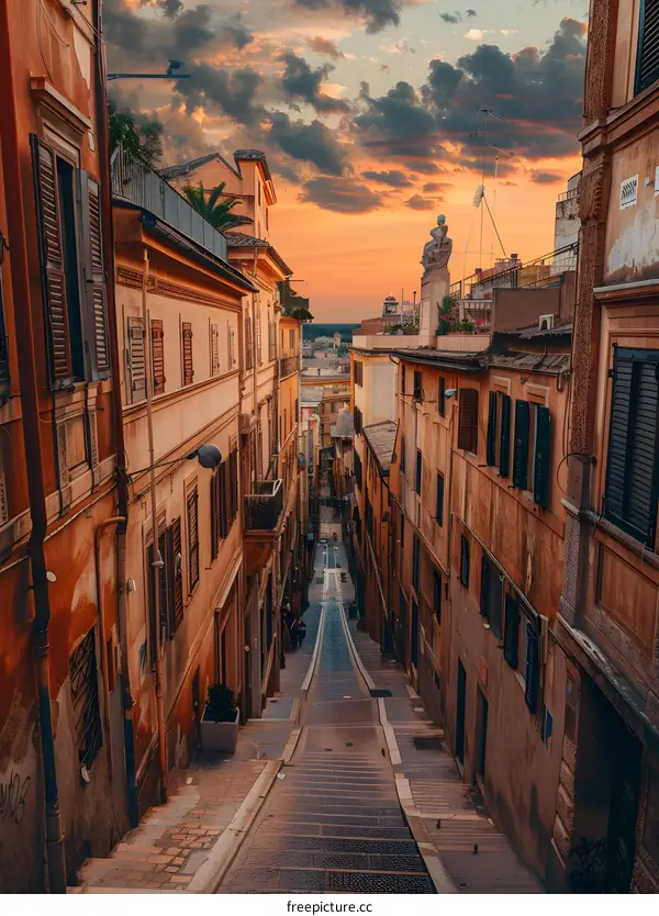 Cobblestone Street in Rome, Italy at Sunset