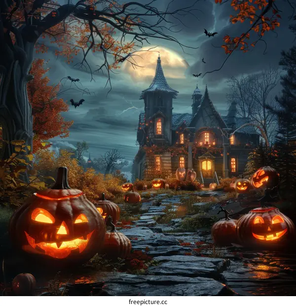 Spooky Haunted House Bathed in Moonlight with Jack-o'-Lanterns