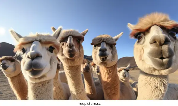 A group of alpacas looking at the camera