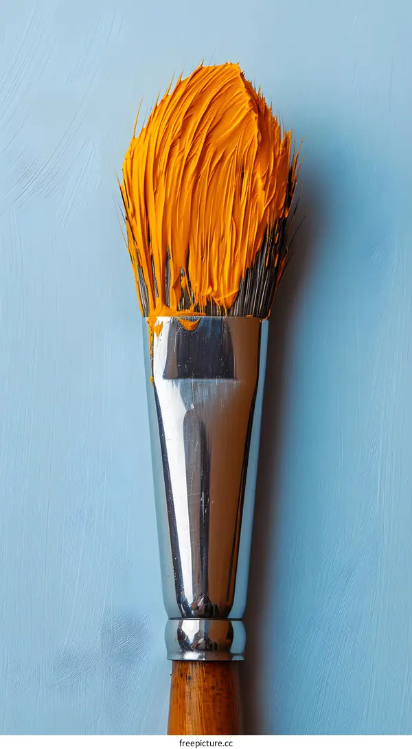 Close-up of paintbrush with yellow oil paint against blue background