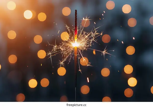 Sparkling Celebration: A Single Lit Sparklers Against Blurry Lights