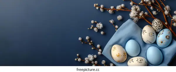 Easter Eggs Decorated on a Blue Fabric Background