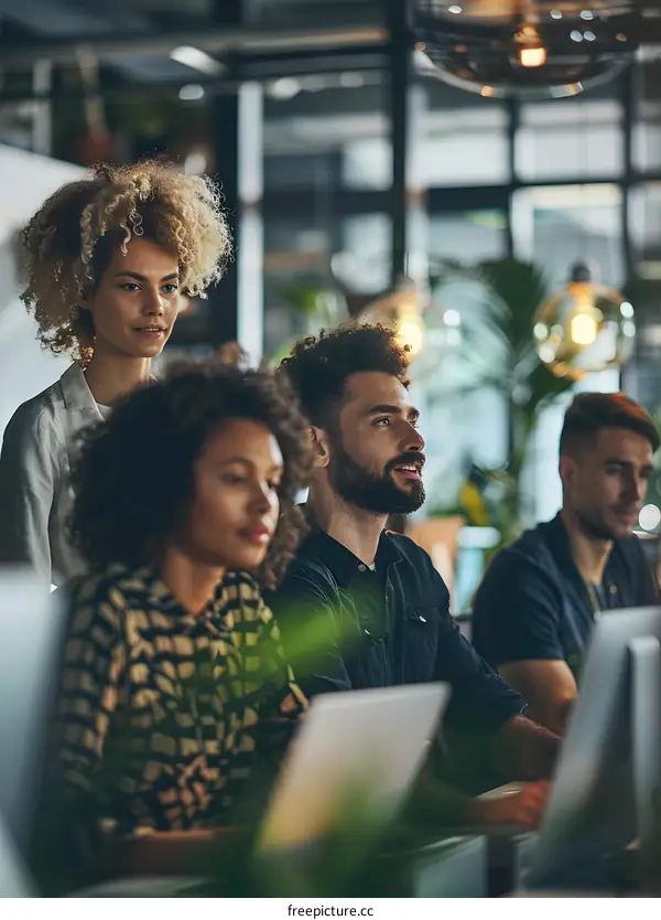 A group of people looking at a computer screen