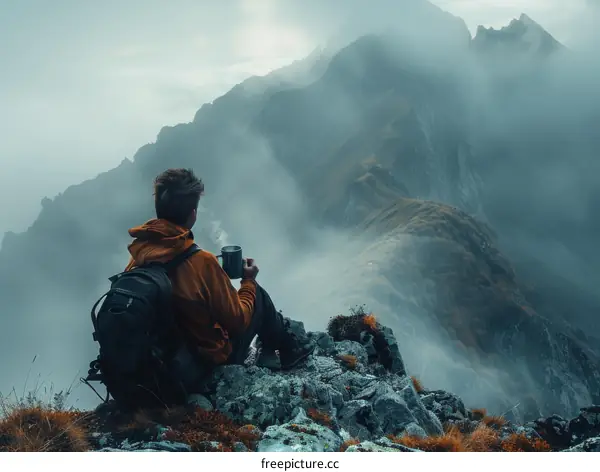 Man in orange jacket looking at foggy mountains