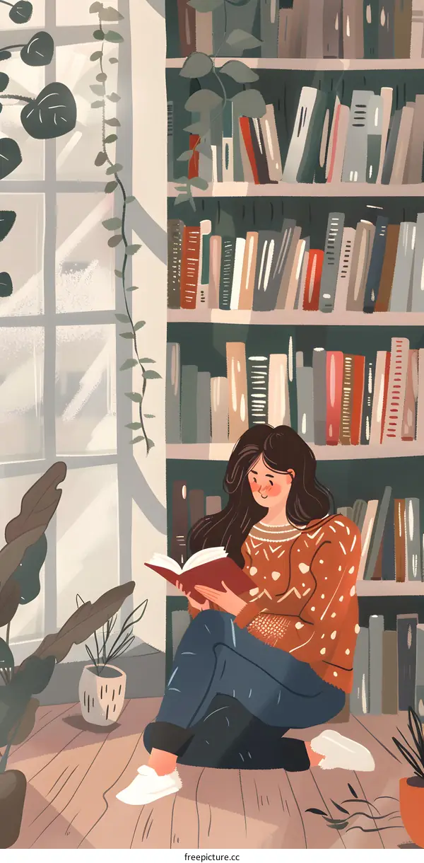 Woman Reading Book in Cozy Room with Bookshelf and Plants