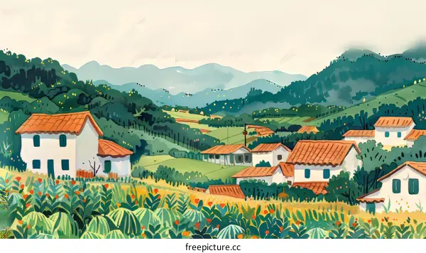 Watercolor Painting Serene Village Mountain