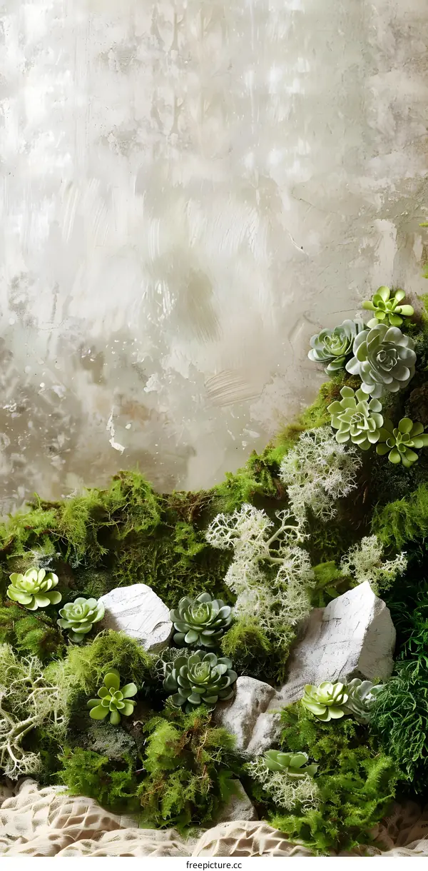 Green Succulents and Moss on Stone Background
