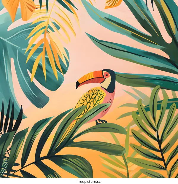 Tropical Toucan Bird in Jungle Leaves