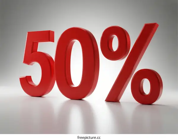 Fifty percent discount symbol in red color on gray background