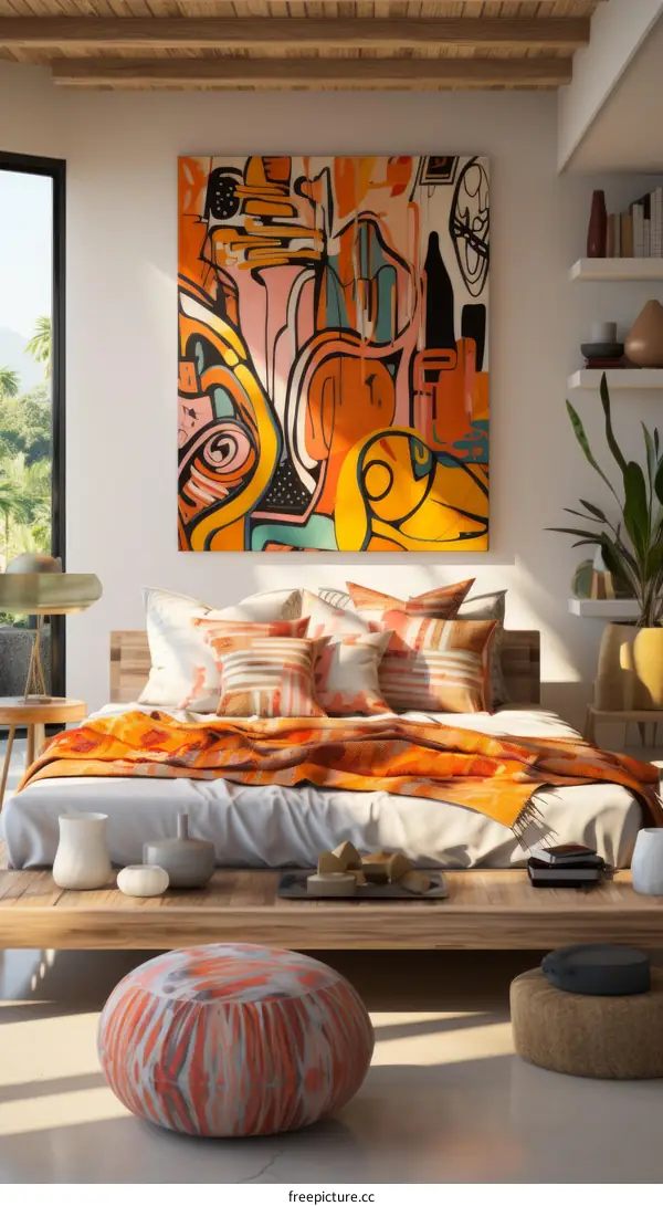 vibrant abstract painting in a modern bedroom