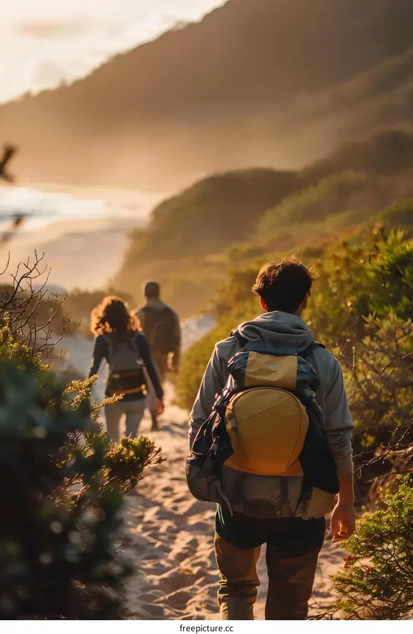 Group of Hikers Walking on a Trail Towards the Sunset