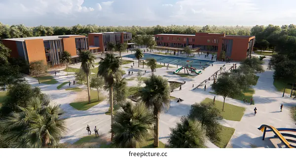 Aerial View of School Campus with Playground and Palm Trees