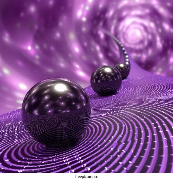 3D rendering of a purple glowing tunnel with a reflective metal sphere
