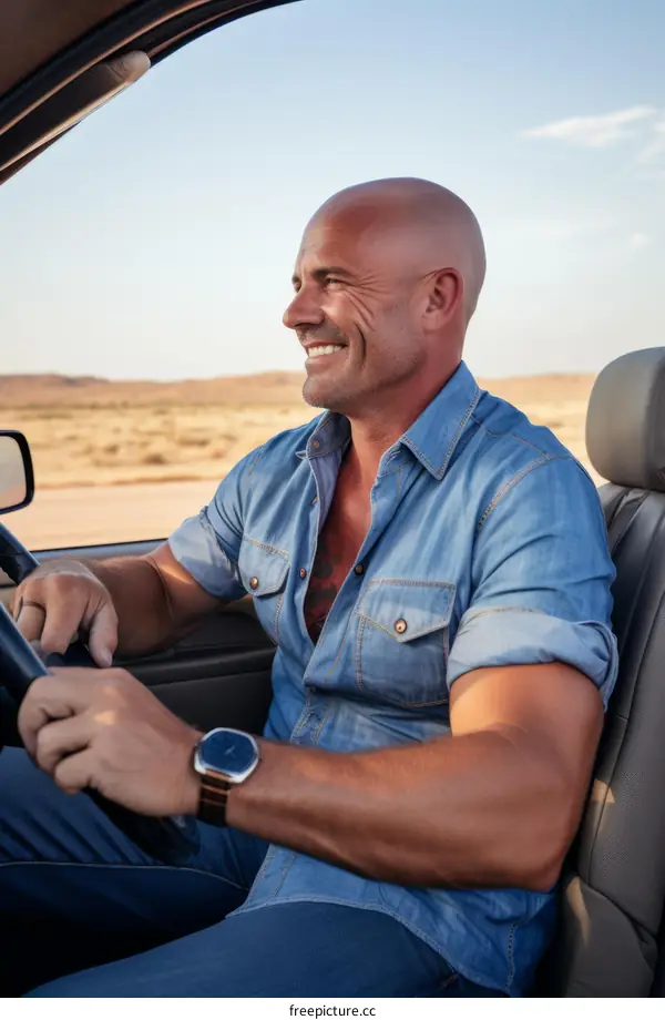 Bald man driving a car