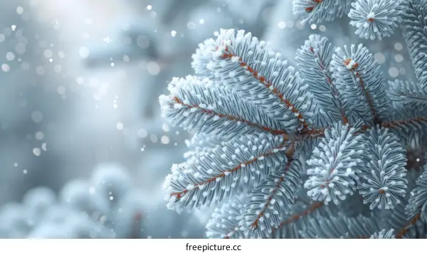 Snow-covered fir tree branches with blurred background