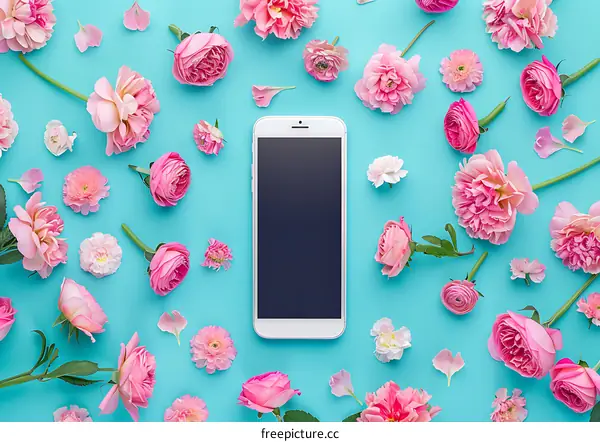White Smartphone Surrounded by Pink Flowers on a Blue Background
