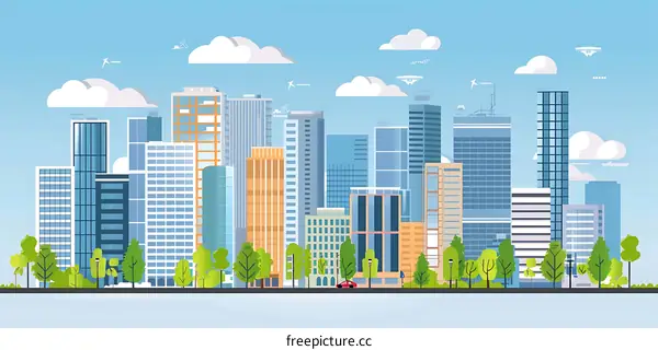 Modern Cityscape Illustration with Skyscrapers and Clouds
