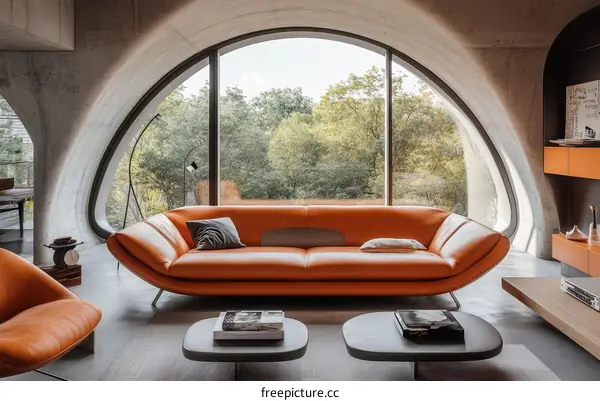 Modern Living Room with Orange Leather Sofa and Panoramic Window