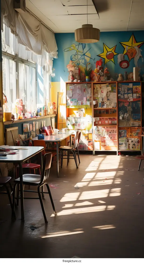 Empty Classroom with Sunlight Streaming Through Windows