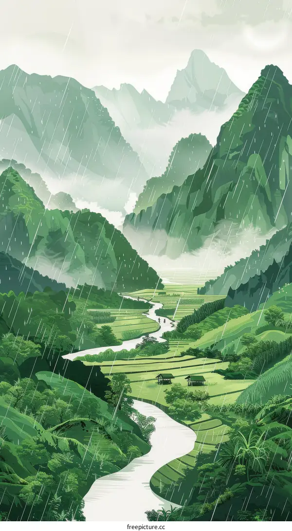 Green valley with river and mountains landscape illustration