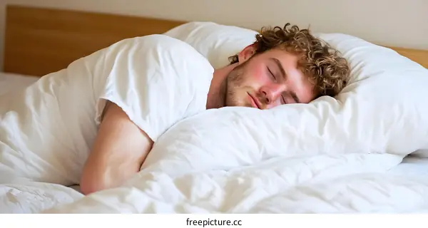 Man Sleeping in Bed with White Bedding