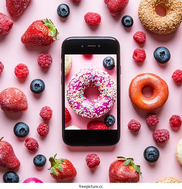Flat Lay of Donut and Fruit on a Pink Background
