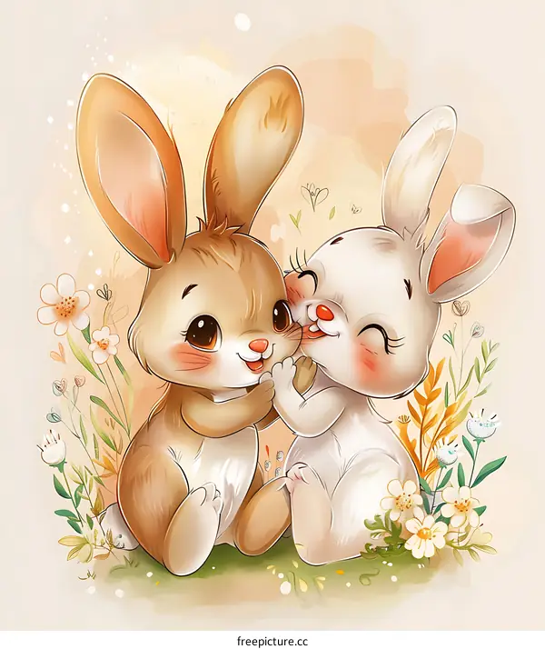 Cute Cartoon Rabbits Hugging in a Field of Flowers
