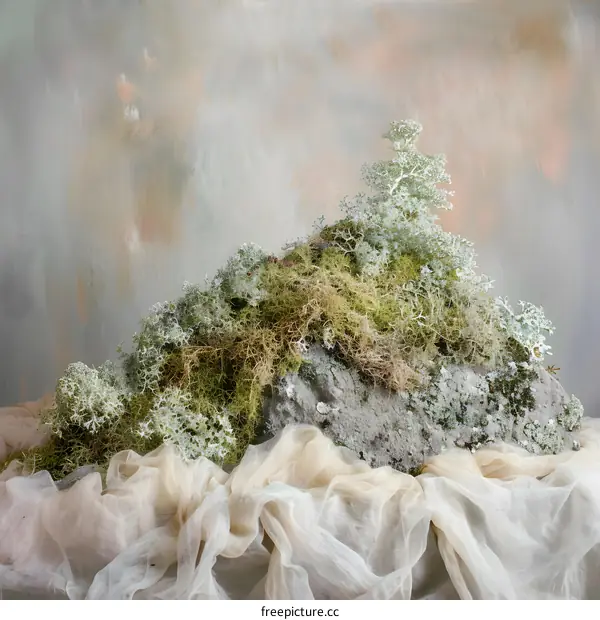Closeup of Lichen and Moss on Rock with Fabric