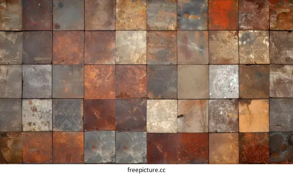 Rusty metal square tiles wall background texture
