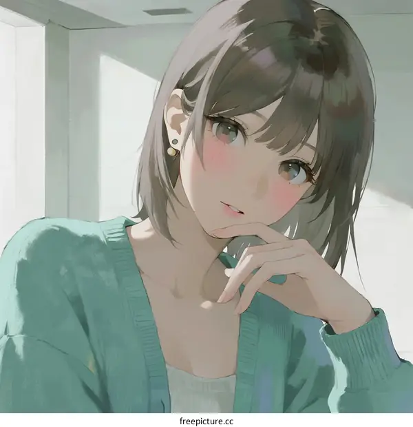 A Young Woman with Short Hair Wearing a Green Cardigan