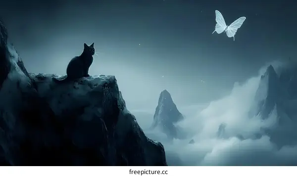 Black Cat Sitting on a Mountain Peak with a Butterfly Flying Above