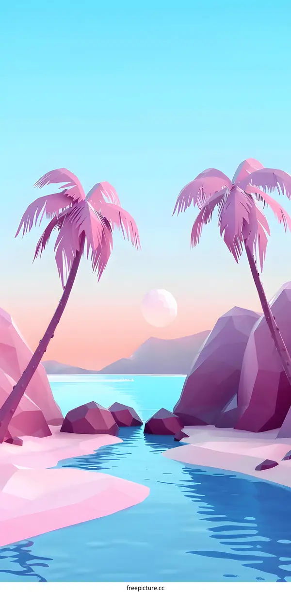 Low Poly Tropical Sunset Beach Landscape